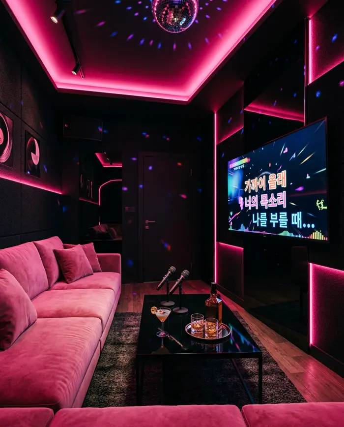 핑크 네온 조명 아래 벨벳 소파와 마이크, 가사가 띄워진 대형 화면이 있는 노래방 룸